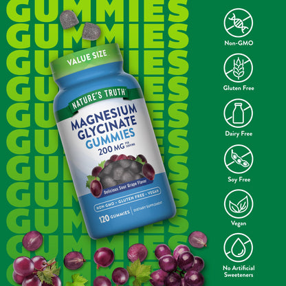 Nature's Truth Magnesium Glycinate Gummies for Adults | 200mg | 120 Count | Grape Flavor | Vegan, Non-GMO & Gluten Free Supplement - PrimeBioHealth - canada supplements