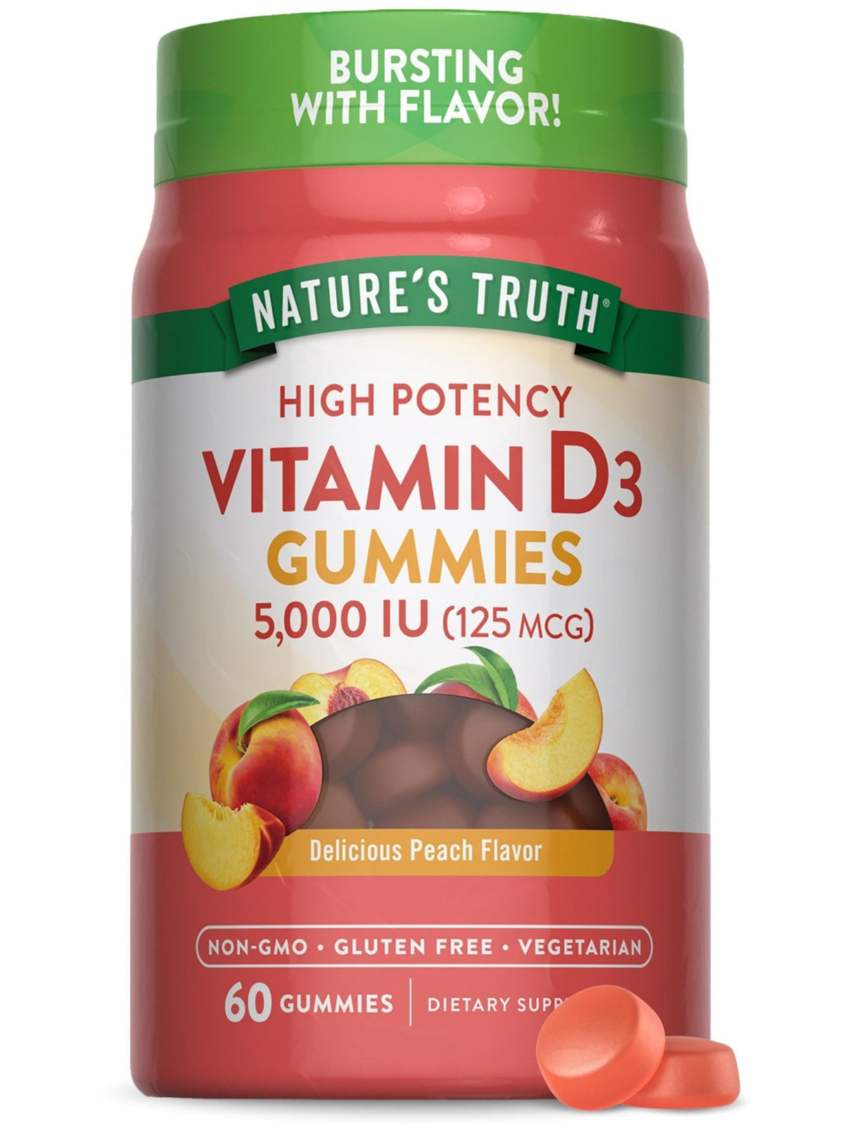 Nature's Truth Vitamin D3 Gummies | 5000 IU | 60 Count | Peach Flavor | Vegetarian, Non-GMO & Gluten Free Supplement - PrimeBioHealth - canada supplements