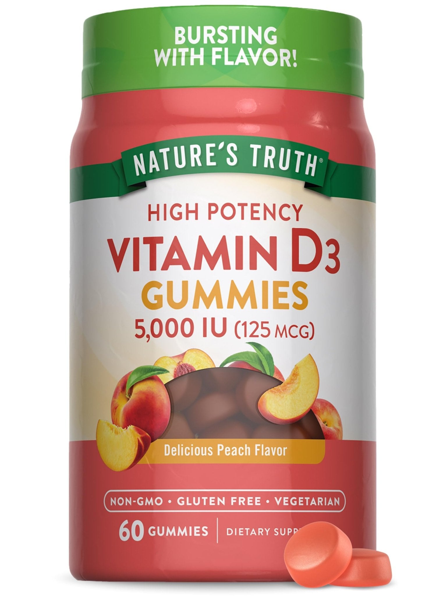 Nature's Truth Vitamin D3 Gummies | 5000 IU | 60 Count | Peach Flavor | Vegetarian, Non-GMO & Gluten Free Supplement - PrimeBioHealth - canada supplements