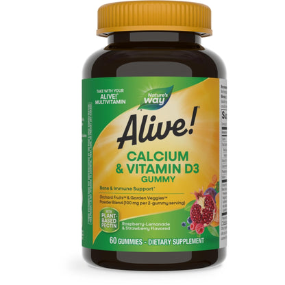 Nature’s Way Alive! Chewable Calcium Gummies with Vitamin D3, Daily Supplement Supports Healthy Bones and Teeth, and Muscle Function*, Strawberry and Raspberry - PrimeBioHealth - canada supplements