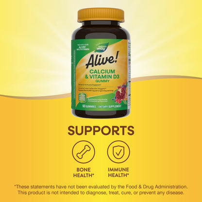 Nature’s Way Alive! Chewable Calcium Gummies with Vitamin D3, Daily Supplement Supports Healthy Bones and Teeth, and Muscle Function*, Strawberry and Raspberry - PrimeBioHealth - canada supplements