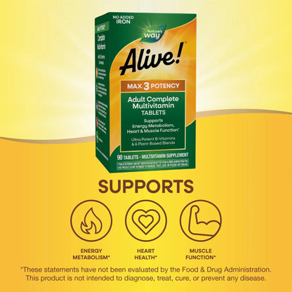 Nature's Way Alive! Max3 Potency Adult Complete Multivitamin, High Potency B-Vitamins to Support Energy Metabolism - PrimeBioHealth - canada supplements