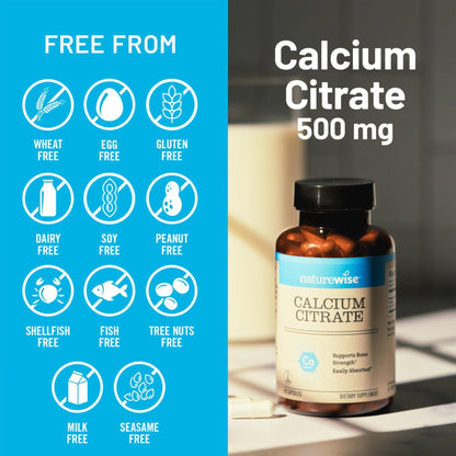 NatureWise Calcium Citrate 500mg Capsules - Supplement for Bone Health - Easy to Digest & Absorb - Vegan, Non-GMO - PrimeBioHealth - canada supplements