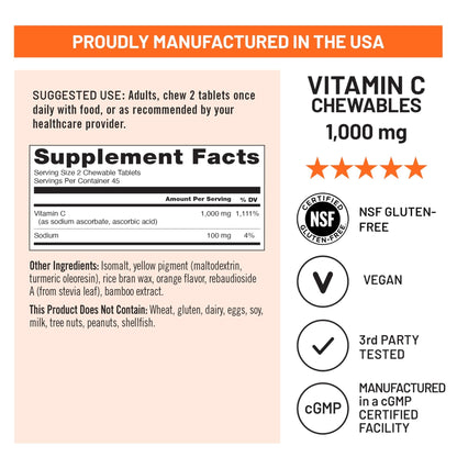 NatureWise Extra Strength Vitamin C Chewable 1000mg for Adults - Natural Orange Flavor - Immune System & Antioxidant Support - Non-GMO - PrimeBioHealth - canada supplements