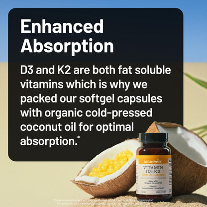 NatureWise Vitamin D3 1000IU + K2 (MK7) 100mcg with Organic Extra Virgin Coconut Oil - Supports Calcium Absorption, Bone & Immune Health - Non-GMO - PrimeBioHealth - canada supplements