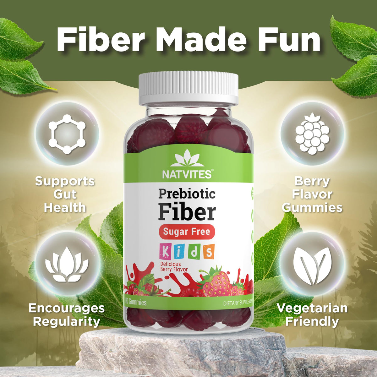 Natvites Prebiotic Kids Fiber Gummies, for Children Ages 2 & Up - Sugar Free Vegetarian Gelatin Free Non-GMO, Kids Fiber Supplements - PrimeBioHealth - canada supplements