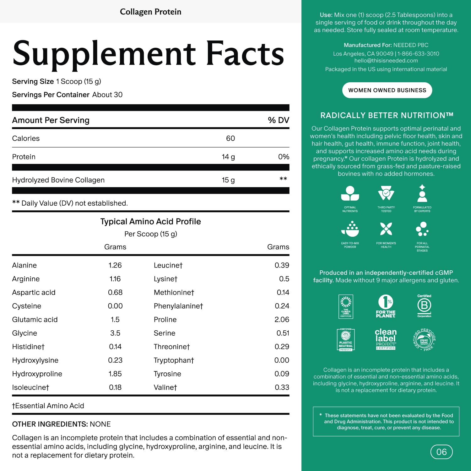 Needed. Hydrolyzed Collagen Protein Powder | Expert-Backed & Clean Sourced | Supports Skin, Hair, Joints | Grass-fed, Pasture-Raised, Hormone-Free | 1lb - PrimeBioHealth - canada supplements