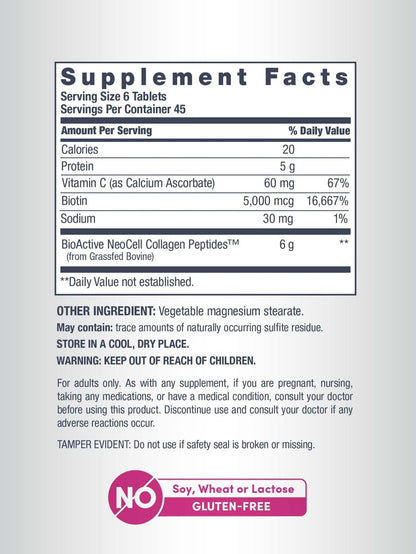 NeoCell Collagen Peptides Pills | 270 Caplets | with Vitamin C and Biotin | Grass Fed Bovine | Hair, Skin, & Nails | for Women and Men - PrimeBioHealth - canada supplements