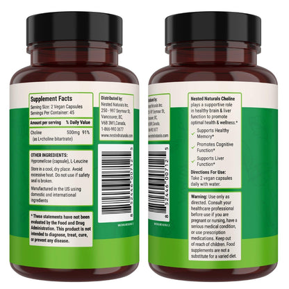 Nested Naturals Choline Bitartrate 500mg Per Serving - High Potency Choline Supplements - Supports Cognitive Performance & Liver Function - PrimeBioHealth - canada supplements