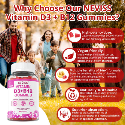 NEVISS 2Pack Vegan Vitamin D3 + Vitamin B12 Gummies, High Potency D3 5000IU & 1000 mcg Methylated B12, Vitamin D3 and B12 for Adults, Support Bone Health, Immune & Energy Supplement, 120 Count - PrimeBioHealth - canada supplements