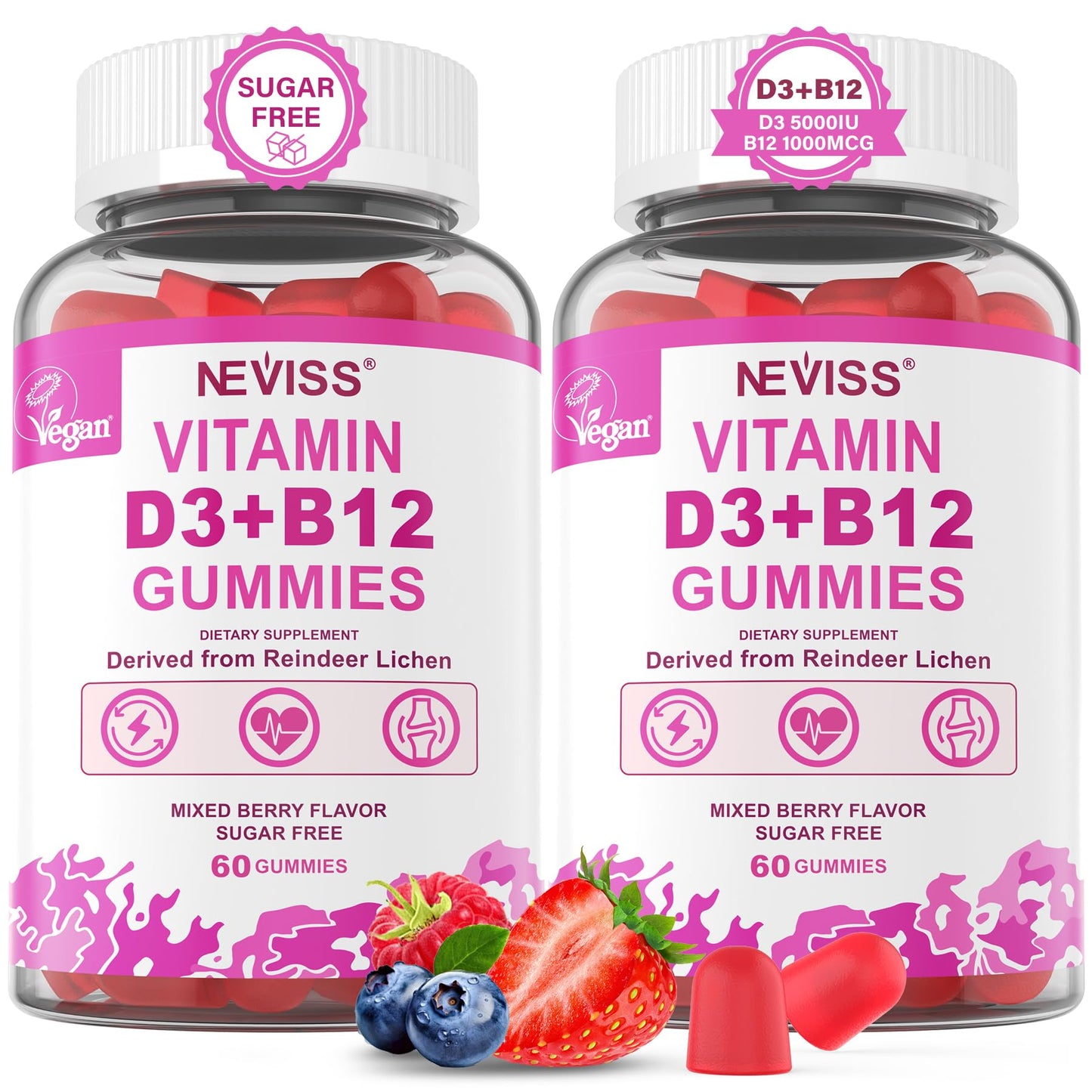 NEVISS 2Pack Vegan Vitamin D3 + Vitamin B12 Gummies, High Potency D3 5000IU & 1000 mcg Methylated B12, Vitamin D3 and B12 for Adults, Support Bone Health, Immune & Energy Supplement, 120 Count - PrimeBioHealth - canada supplements