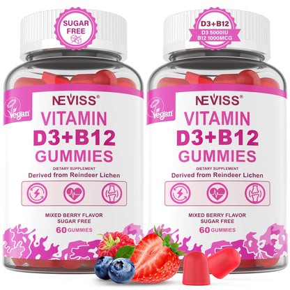 NEVISS 2Pack Vegan Vitamin D3 + Vitamin B12 Gummies, High Potency D3 5000IU & 1000 mcg Methylated B12, Vitamin D3 and B12 for Adults, Support Bone Health, Immune & Energy Supplement, 120 Count - PrimeBioHealth - canada supplements