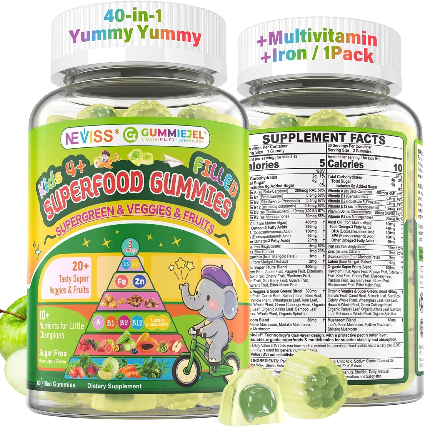 NEVISS Kids Teens Ages 4–17 Multivitamin with Iron Omega3 D3K2, Picky Eater Vitamin Super Greens Gummies, Boys Girls Organic Fruits Veggies Superfood Gummy, Mushroom | Immune Bone Brain, Sugar Free - PrimeBioHealth - canada supplements