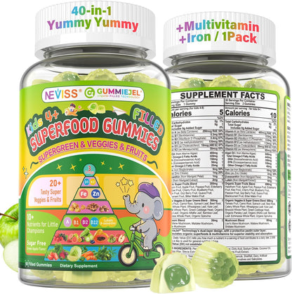 NEVISS Kids Teens Ages 4–17 Multivitamin with Iron Omega3 D3K2, Picky Eater Vitamin Super Greens Gummies, Boys Girls Organic Fruits Veggies Superfood Gummy, Mushroom | Immune Bone Brain, Sugar Free - PrimeBioHealth - canada supplements
