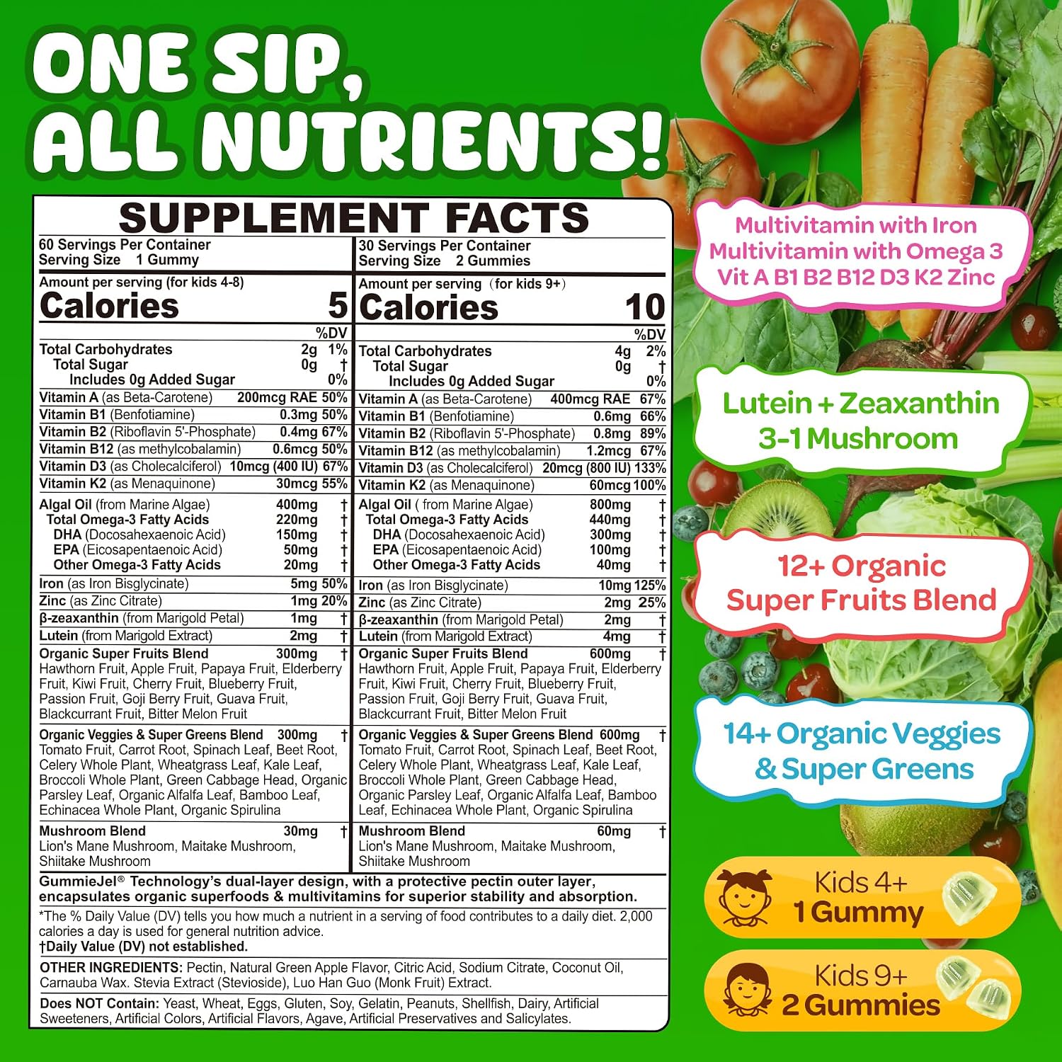 NEVISS Kids Teens Ages 4–17 Multivitamin with Iron Omega3 D3K2, Picky Eater Vitamin Super Greens Gummies, Boys Girls Organic Fruits Veggies Superfood Gummy, Mushroom | Immune Bone Brain, Sugar Free - PrimeBioHealth - canada supplements