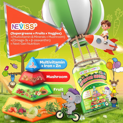 NEVISS Kids Teens Ages 4–17 Multivitamin with Iron Omega3 D3K2, Picky Eater Vitamin Super Greens Gummies, Boys Girls Organic Fruits Veggies Superfood Gummy, Mushroom | Immune Bone Brain, Sugar Free - PrimeBioHealth - canada supplements