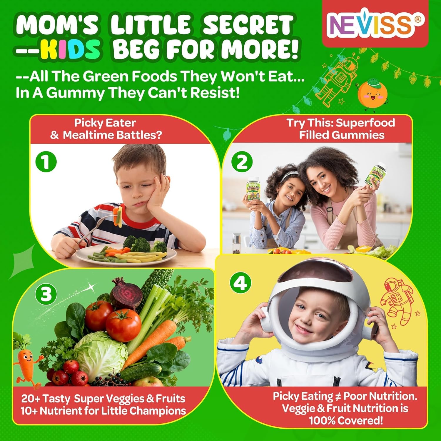 NEVISS Kids Teens Ages 4–17 Multivitamin with Iron Omega3 D3K2, Picky Eater Vitamin Super Greens Gummies, Boys Girls Organic Fruits Veggies Superfood Gummy, Mushroom | Immune Bone Brain, Sugar Free - PrimeBioHealth - canada supplements
