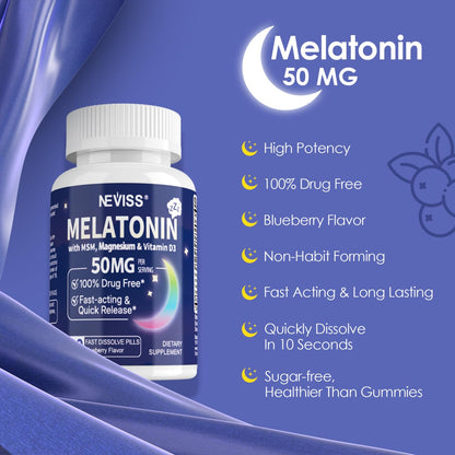 NEVISS Melatonin 50 mg for Adults - Extra Strength 9-in-1 Fast Dissolve Sublingual - High Dose with Magnesium Glycinate, Vitamin D3, Ashwagandha, Lemon Balm, Chamomile, Sugar Free,Vegan 120 Tablets - PrimeBioHealth - canada supplements