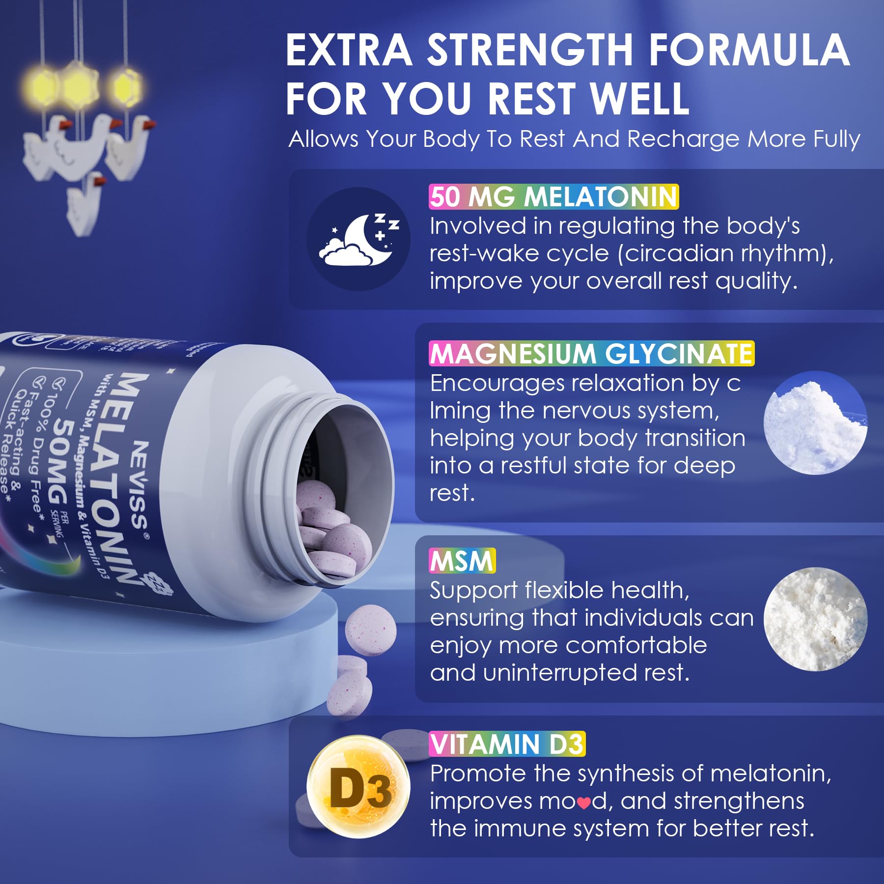 NEVISS Melatonin 50 mg for Adults - Extra Strength 9-in-1 Fast Dissolve Sublingual - High Dose with Magnesium Glycinate, Vitamin D3, Ashwagandha, Lemon Balm, Chamomile, Sugar Free,Vegan 120 Tablets - PrimeBioHealth - canada supplements