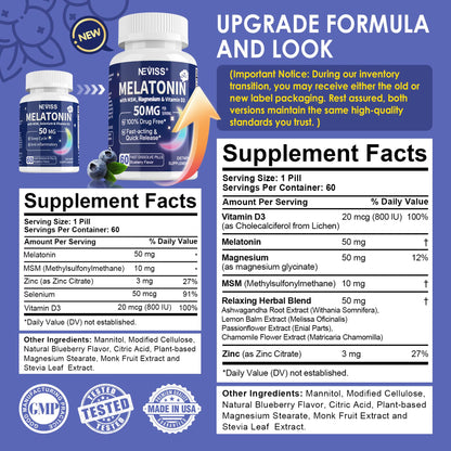NEVISS Melatonin 50 mg for Adults - Extra Strength 9-in-1 Fast Dissolve Sublingual - High Dose with Magnesium Glycinate, Vitamin D3, Ashwagandha, Lemon Balm, Chamomile, Sugar Free,Vegan 120 Tablets - PrimeBioHealth - canada supplements