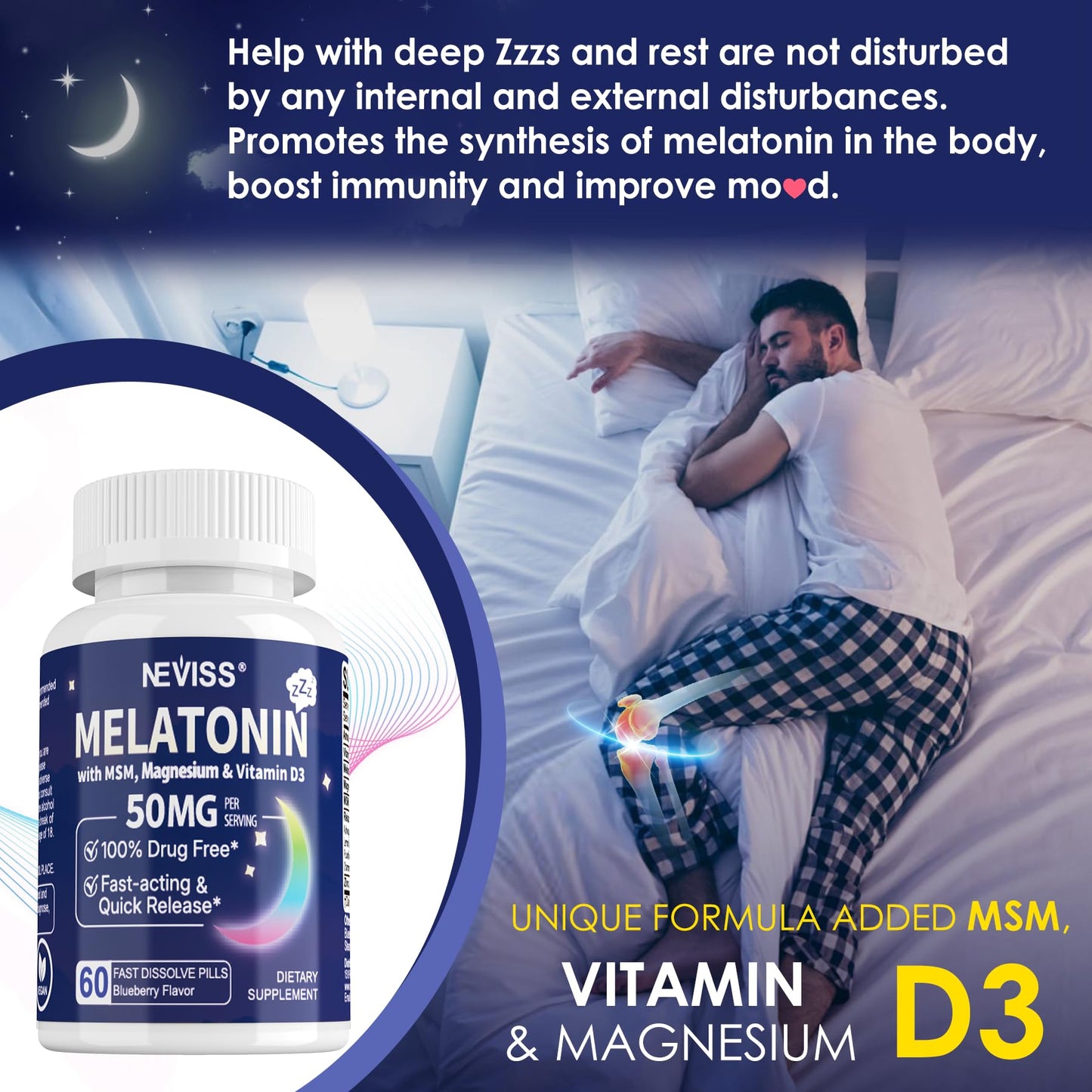 NEVISS Melatonin 50 mg for Adults - Extra Strength 9-in-1 Fast Dissolve Sublingual - High Dose with Magnesium Glycinate, Vitamin D3, Ashwagandha, Lemon Balm, Chamomile, Sugar Free,Vegan 120 Tablets - PrimeBioHealth - canada supplements