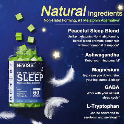 NEVISS Melatonin Free Sleep Aid Gummies for Adults - Magnesium Glycinate Gummies | GABA, L-Tryptophan, Magnesium, Ashwagandha - Non-Habit Forming, Help for Deep Relaxation - Vegan, Lemon Flavor, 2Pack - PrimeBioHealth - canada supplements