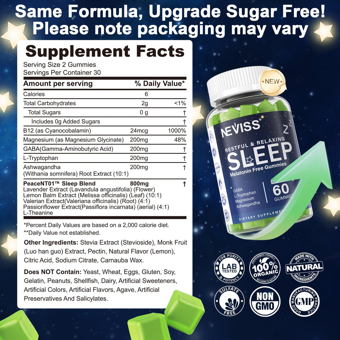 NEVISS Melatonin Free Sleep Aid Gummies for Adults - Magnesium Glycinate Gummies | GABA, L-Tryptophan, Magnesium, Ashwagandha - Non-Habit Forming, Help for Deep Relaxation - Vegan, Lemon Flavor, 2Pack - PrimeBioHealth - canada supplements