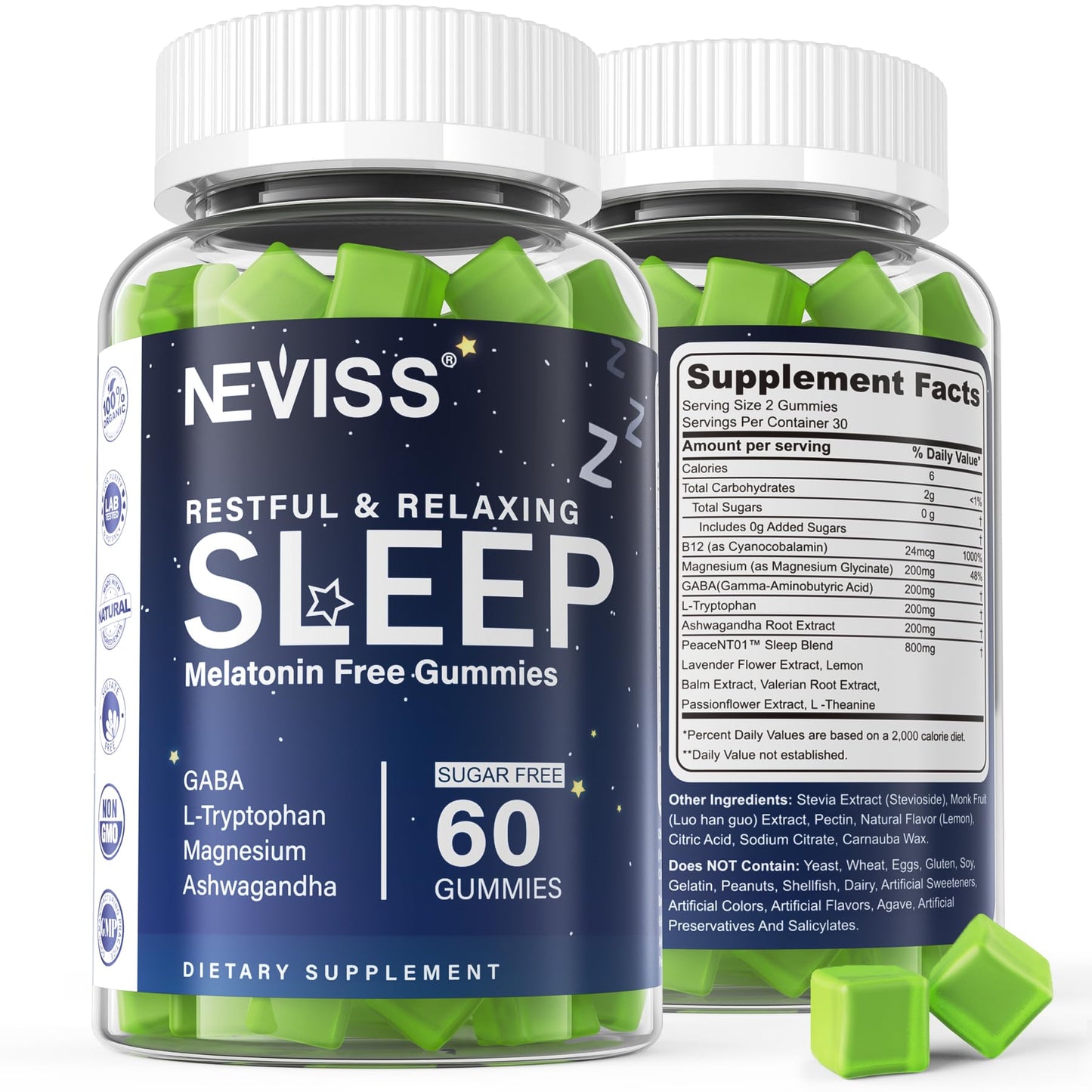 NEVISS Melatonin Free Sleep Aid Gummies for Adults - Magnesium Glycinate Gummies | GABA, L-Tryptophan, Magnesium, Ashwagandha - Non-Habit Forming, Help for Deep Relaxation - Vegan, Lemon Flavor, 2Pack - PrimeBioHealth - canada supplements