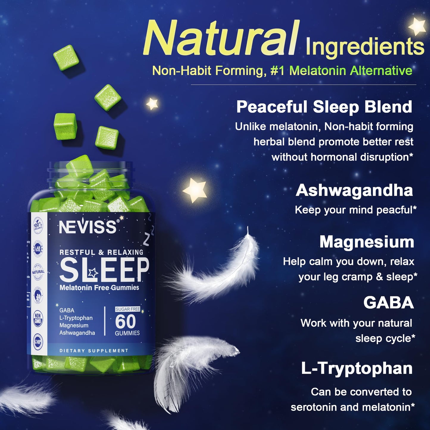 NEVISS Melatonin Free Sleep Aid Gummies for Adults - Magnesium Glycinate Gummies | GABA, L-Tryptophan, Magnesium, Ashwagandha - Non-Habit Forming, Help for Deep Relaxation - Vegan, Lemon Flavor, 2Pack - PrimeBioHealth - canada supplements