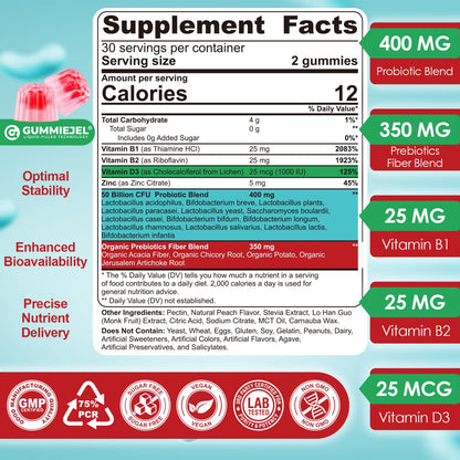 NEVISS Probiotic + Prebiotic Gummies for Adults & Kids 4+, Sugar Free Chewable 50 Billion CFUs w/Fiber, Vitamin B1 B2 D3 & Zinc, for Digestive & Gut Health - PrimeBioHealth - canada supplements