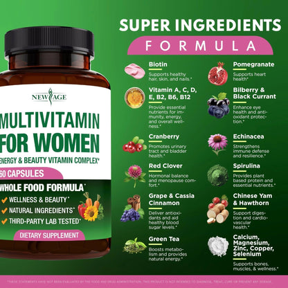 NEW AGE Multivitamin for Women - B-Complex, Whole Foods, Hair Support, Iron - All in1 Womens Multivitamin - PrimeBioHealth - canada supplements