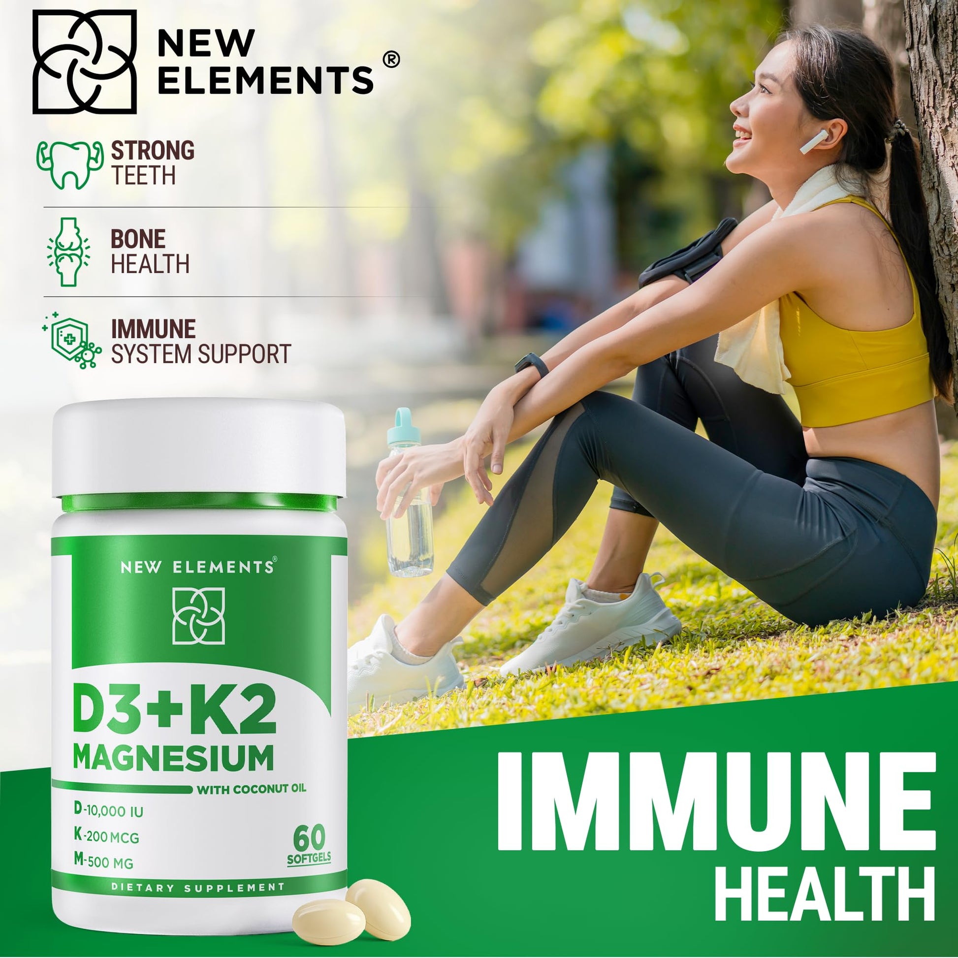 New Elements Vitamin D3 K2 10,000 IU with Magnesium Glycinate 500mg - Bone Health, Immune Support, Energy & Mood - Non-GMO, Gluten-Free - PrimeBioHealth - canada supplements