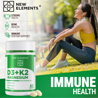 New Elements Vitamin D3 K2 10,000 IU with Magnesium Glycinate 500mg - Bone Health, Immune Support, Energy & Mood - Non-GMO, Gluten-Free - PrimeBioHealth - canada supplements