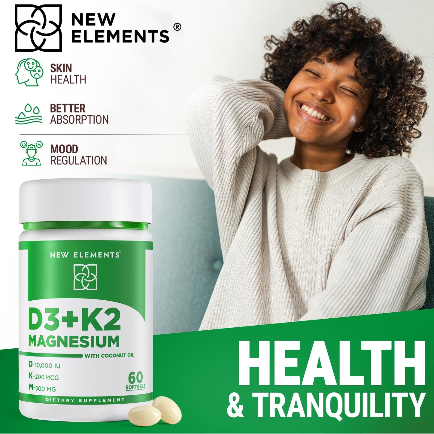 New Elements Vitamin D3 K2 10,000 IU with Magnesium Glycinate 500mg - Bone Health, Immune Support, Energy & Mood - Non-GMO, Gluten-Free - PrimeBioHealth - canada supplements