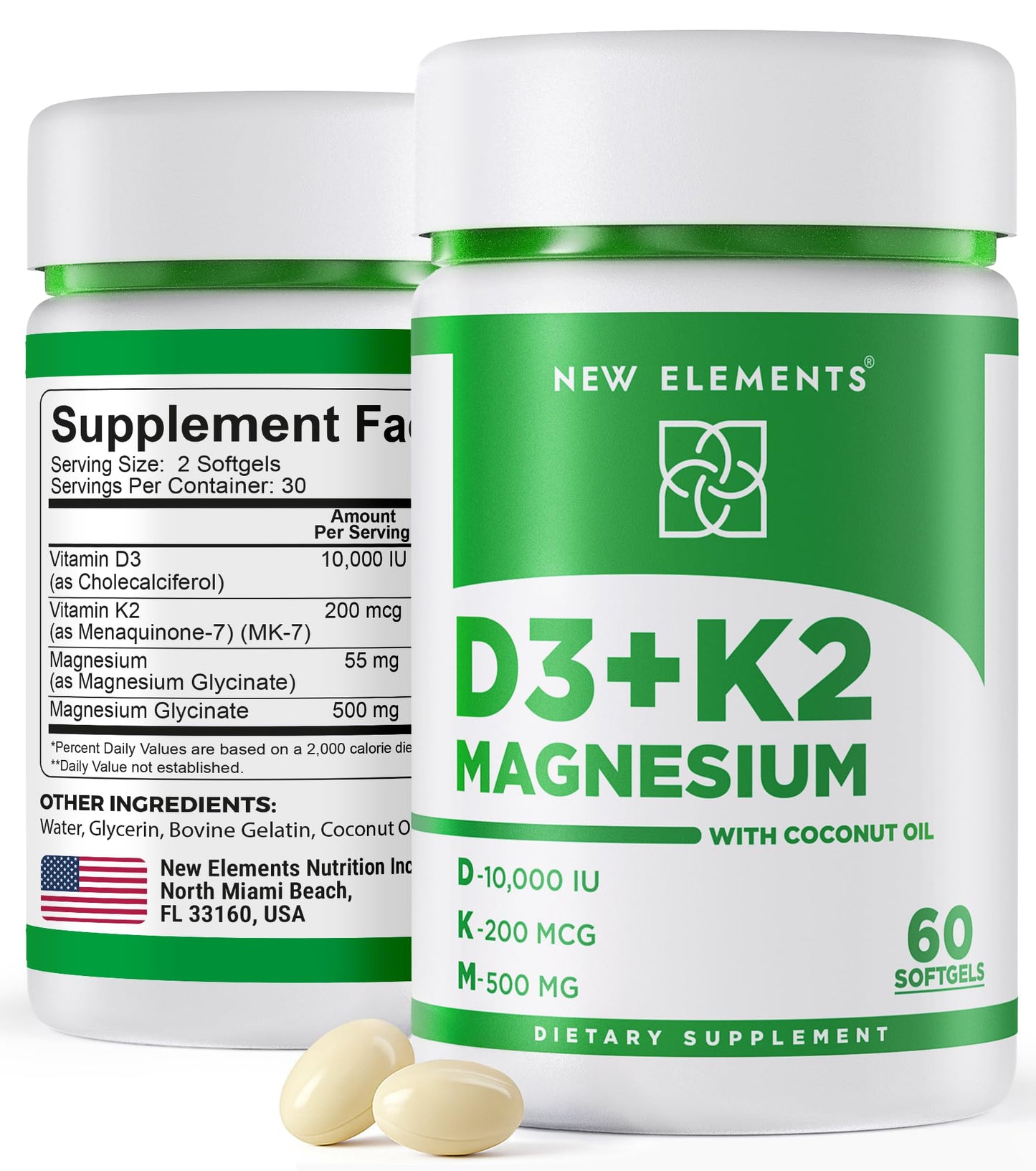 New Elements Vitamin D3 K2 10,000 IU with Magnesium Glycinate 500mg - Bone Health, Immune Support, Energy & Mood - Non-GMO, Gluten-Free - PrimeBioHealth - canada supplements