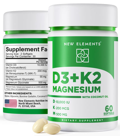 New Elements Vitamin D3 K2 10,000 IU with Magnesium Glycinate 500mg - Bone Health, Immune Support, Energy & Mood - Non-GMO, Gluten-Free - PrimeBioHealth - canada supplements