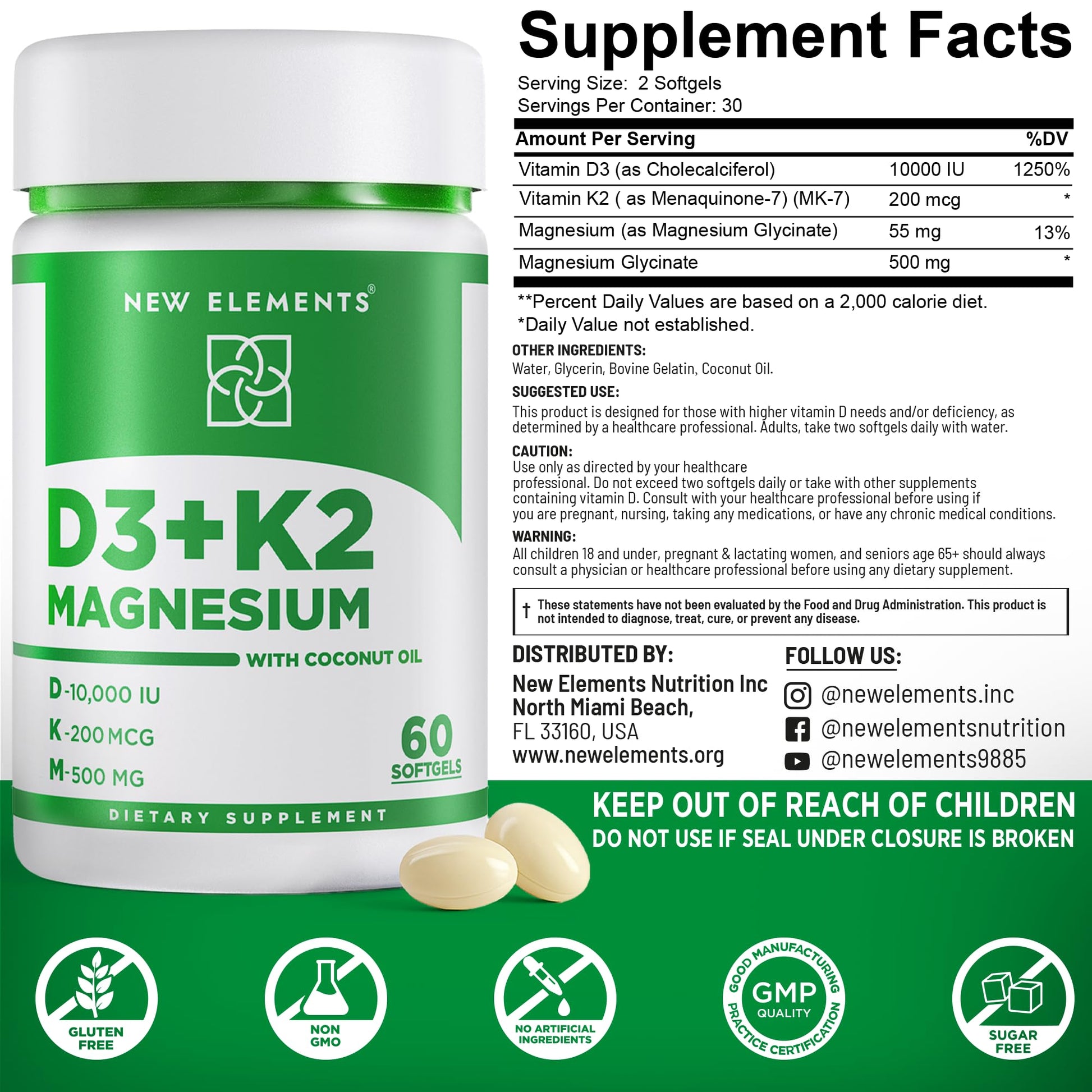 New Elements Vitamin D3 K2 10,000 IU with Magnesium Glycinate 500mg - Bone Health, Immune Support, Energy & Mood - Non-GMO, Gluten-Free - PrimeBioHealth - canada supplements