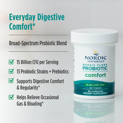 Nordic Naturals Nordic Flora Probiotic Comfort - 30 Capsules - 13 Probiotic Strains w/ 15 Billion Cultures - Supports Regularity & Digestive Comfort, Alleviates Bloating - PrimeBioHealth - canada supplements