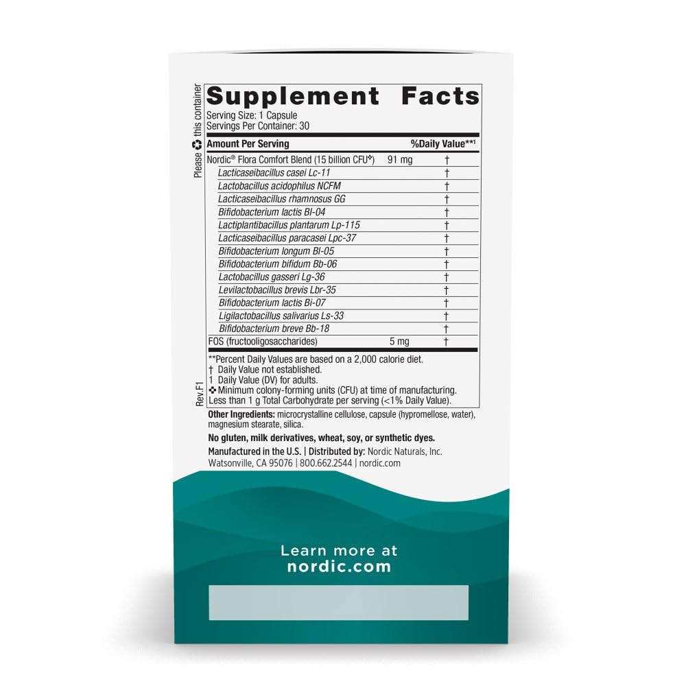 Nordic Naturals Nordic Flora Probiotic Comfort - 30 Capsules - 13 Probiotic Strains w/ 15 Billion Cultures - Supports Regularity & Digestive Comfort, Alleviates Bloating - PrimeBioHealth - canada supplements