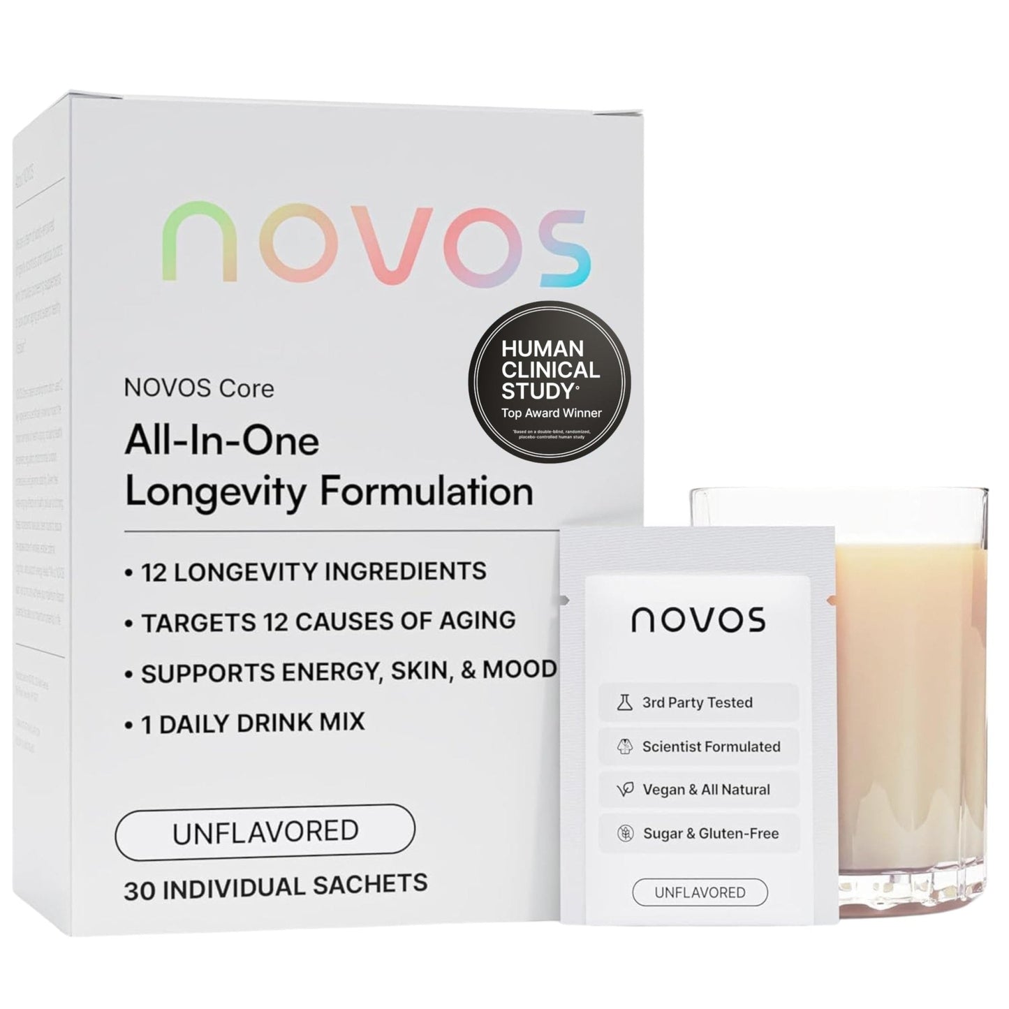 Novos Core - Clinically Studied Daily Longevity Supplement | 12 Active Ingredients for Healthy Aging, Energy, Cognition & Skin Health | Human Clinical Trial Backed | Orange Flavored | 30 Servings - PrimeBioHealth - canada supplements