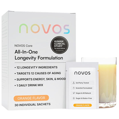 Novos Core - Clinically Studied Daily Longevity Supplement | 12 Active Ingredients for Healthy Aging, Energy, Cognition & Skin Health | Human Clinical Trial Backed | Orange Flavored | 30 Servings - PrimeBioHealth - canada supplements