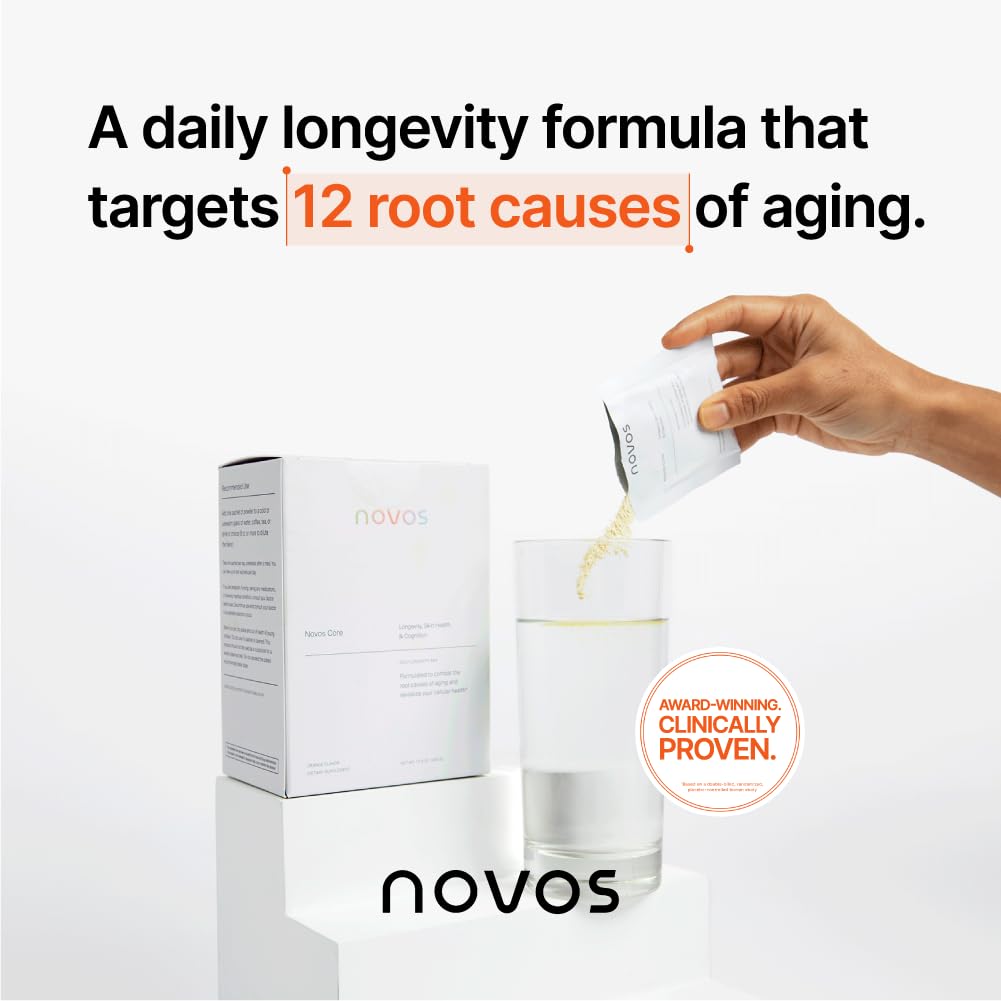 Novos Core - Clinically Studied Daily Longevity Supplement | 12 Active Ingredients for Healthy Aging, Energy, Cognition & Skin Health | Human Clinical Trial Backed | Orange Flavored | 30 Servings - PrimeBioHealth - canada supplements
