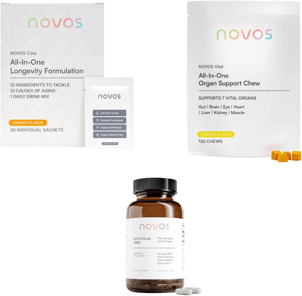 Novos Core Orange + Vital Chews + Boost NMN – Advanced Longevity System | Drink Mix, Chews & Capsules for Cellular Energy, Organ Health & DNA Support - PrimeBioHealth - canada supplements