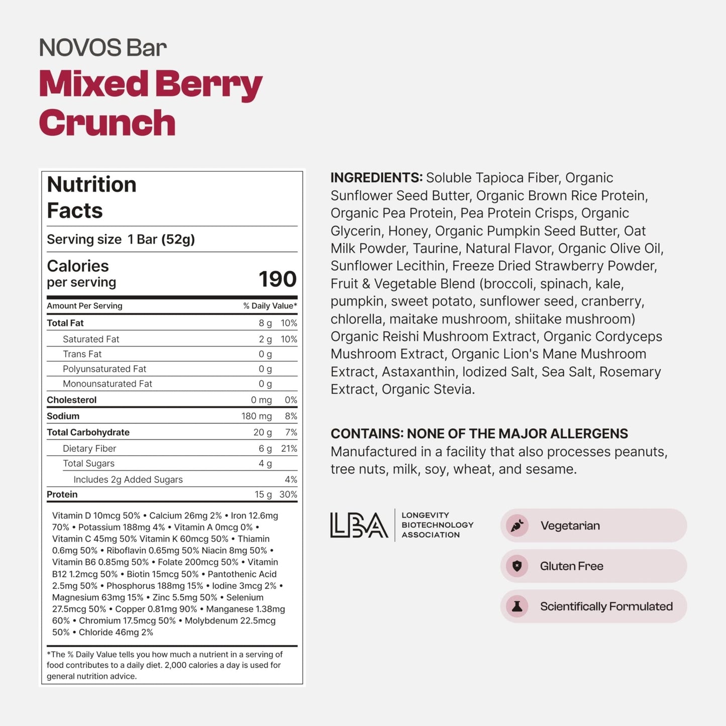 Novos Longevity Protein Bar | 15g Protein, 20 Superfoods, 5 Longevity Ingredients for Men & Women | Supports Skin, Mind & Mood | Mixed Berry Crunch (12-Pack) - PrimeBioHealth - canada supplements