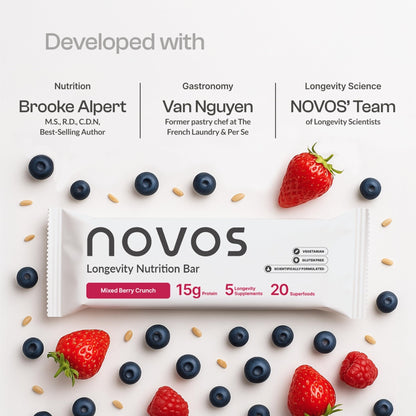 Novos Longevity Protein Bar | 15g Protein, 20 Superfoods, 5 Longevity Ingredients for Men & Women | Supports Skin, Mind & Mood | Mixed Berry Crunch (12-Pack) - PrimeBioHealth - canada supplements