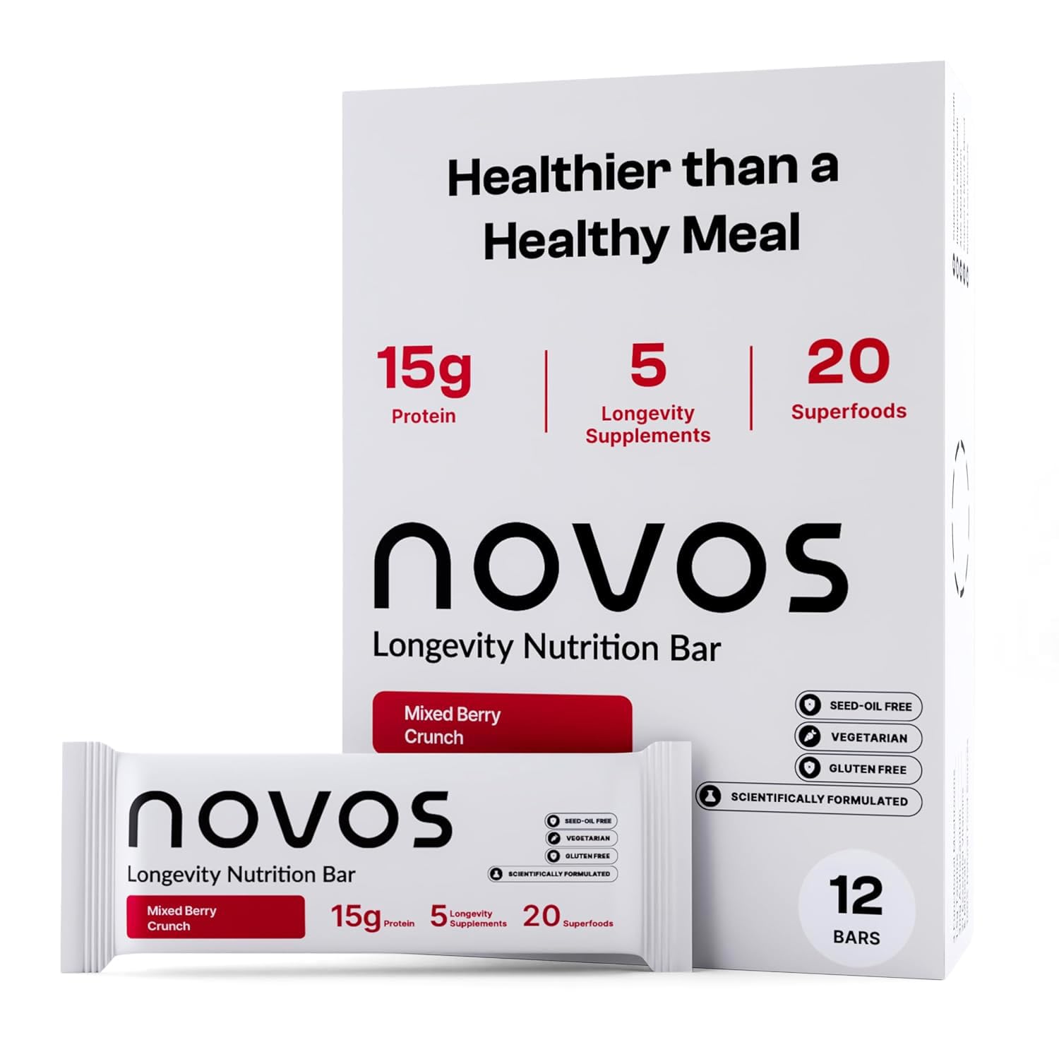 Novos Longevity Protein Bar | 15g Protein, 20 Superfoods, 5 Longevity Ingredients for Men & Women | Supports Skin, Mind & Mood | Mixed Berry Crunch (12-Pack) - PrimeBioHealth - canada supplements