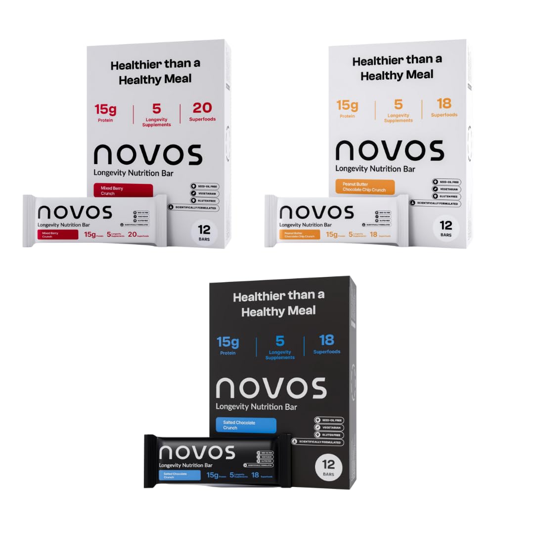 NOVOS Longevity Protein Bar Variety Pack (3 Flavors) – Peanut Butter, Mixed Berry Crunch & Salted Chocolate Crunch | 15g Protein, 20 Superfoods & Longevity Nutrients | Healthy Snack for Energy & Focus - PrimeBioHealth - canada supplements