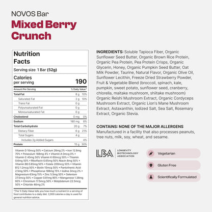 NOVOS Longevity Protein Bar Variety Pack (3 Flavors) – Peanut Butter, Mixed Berry Crunch & Salted Chocolate Crunch | 15g Protein, 20 Superfoods & Longevity Nutrients | Healthy Snack for Energy & Focus - PrimeBioHealth - canada supplements