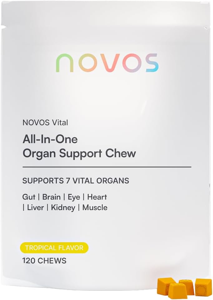 Novos Vital Chews | All-In-One Organ Support | Liver, Brain, Eyes, Heart & Gut Support for Men & Women | Nattokinase, Lutein, Inulin, Rutin & More | Tropical Flavor (120 Count) - PrimeBioHealth - canada supplements