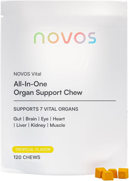 Novos Vital Chews | All-In-One Organ Support | Liver, Brain, Eyes, Heart & Gut Support for Men & Women | Nattokinase, Lutein, Inulin, Rutin & More | Tropical Flavor (120 Count) - PrimeBioHealth - canada supplements